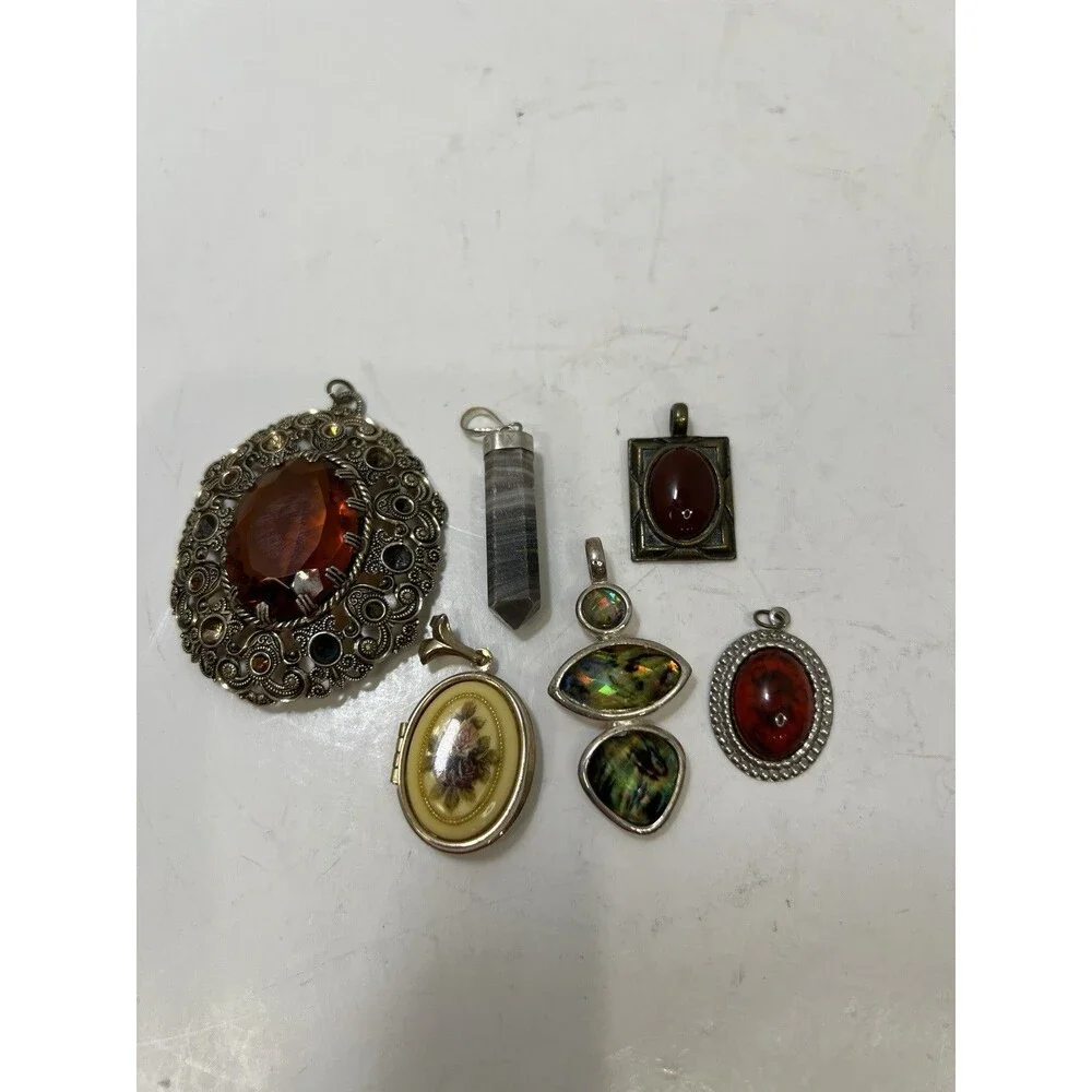 Vintage Lot 6  Pendants Locket Agate Faux Stones Goldtone Silvertone Estate